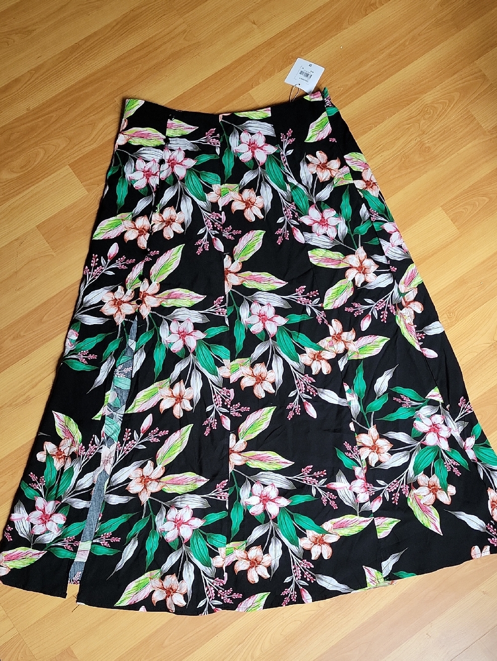 Tag Black Maxi Skirt with Pink Floral & Green Leaves